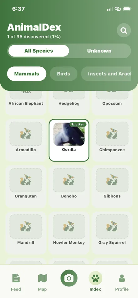 AnimalDex species collection