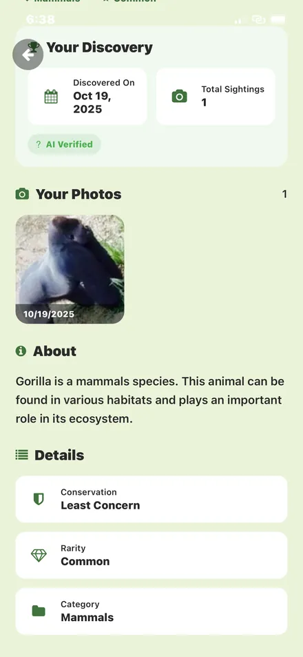 Species details for a discovered animal